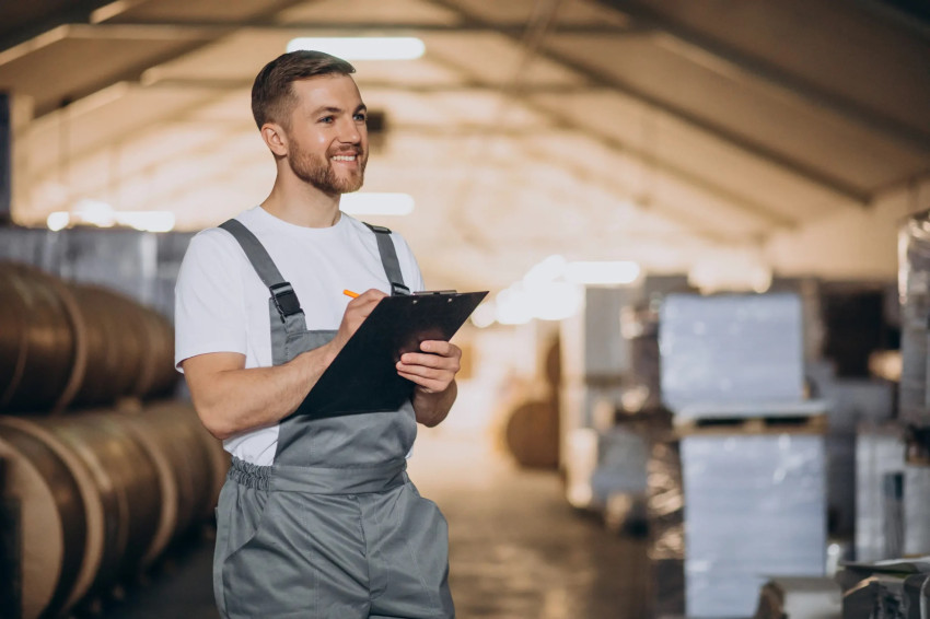 Young handsome man working factory